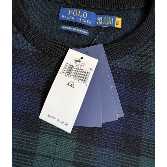 Polo Ralph Lauren Sweater Mens 2XL Blue Green Tartan Plaid Washable Merino Wool - Picture 4 of 11
